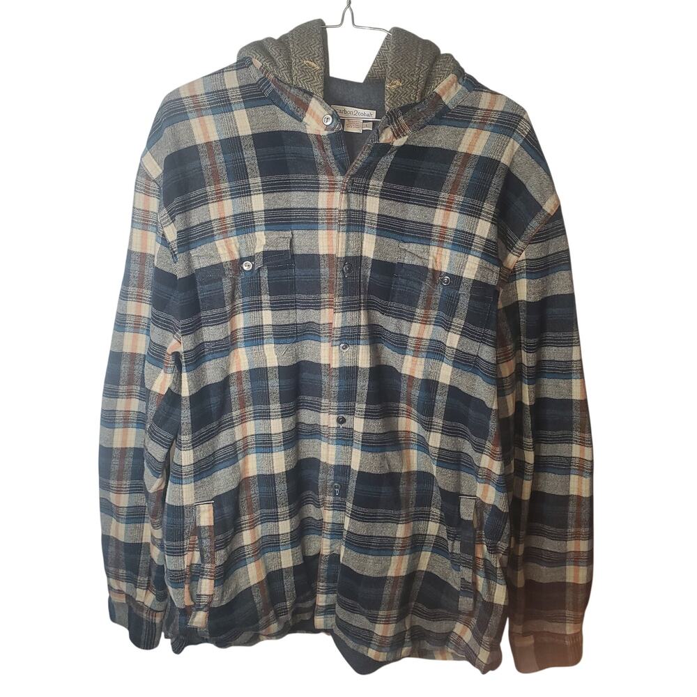 Carbon 2 Cobalt Men’s L Plaid Hooded Flannel Shacket Streetwear Skate Jacket